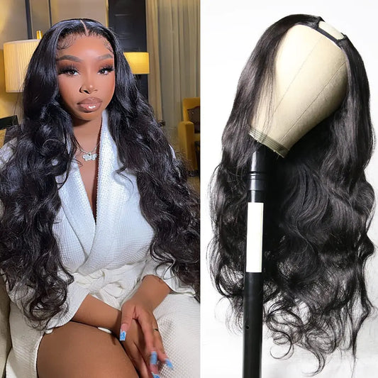 Glowig U Part Human Hair Wig Body Wave for Women Brazilian Remy Glueless Wig Human Hair Upart Human Hair Wig Beginner Friendly V Part Wig Human Hair 180% Density Natural Color 28Inch